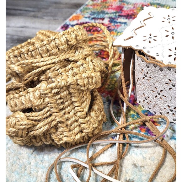 Trio of Boho Tie Back Belts White Cutout Studded Leather, Macrame and Denim main image 11